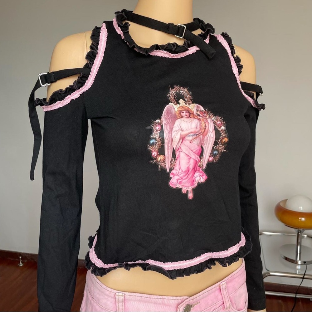 Black & Pink Angel Print Frill Top